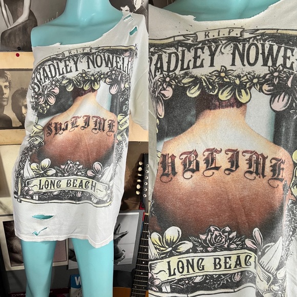 WHITE DISTRESSED 1990’s ALBUM ARTWORK OFF THE SHOULDER COTTON. M/L - Picture 5 of 5